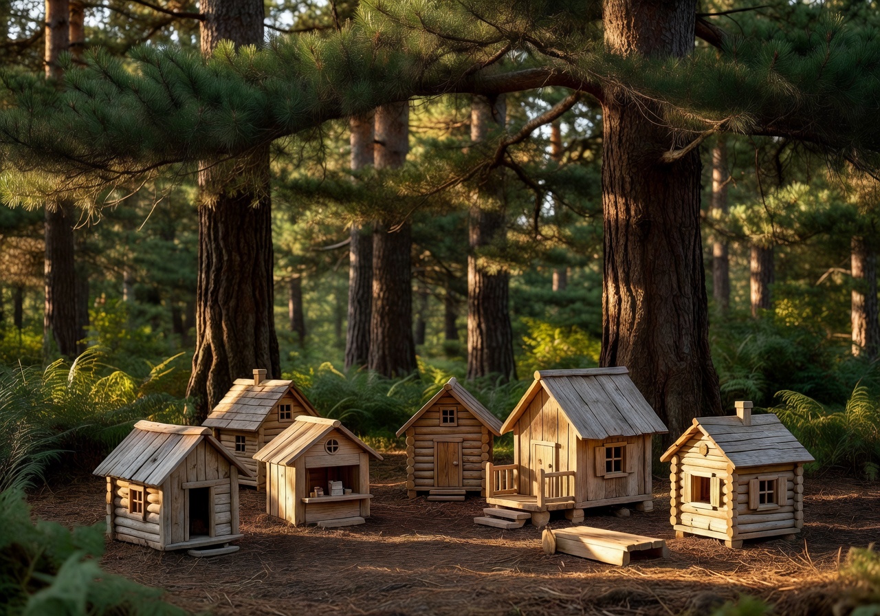 Beautiful wooden outdoor play village near towering pine trees