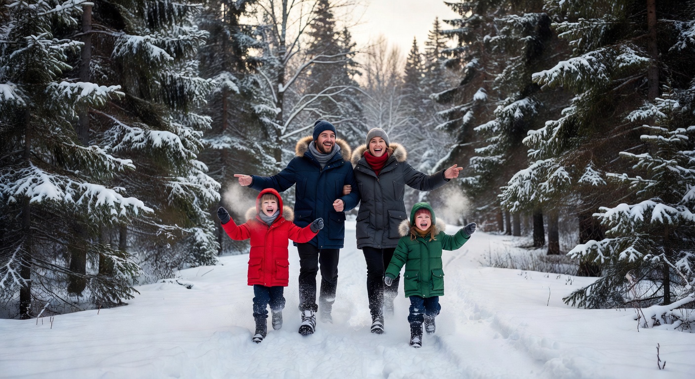 Family wrapped in warm winter coats laughing while strolling through snowy woods