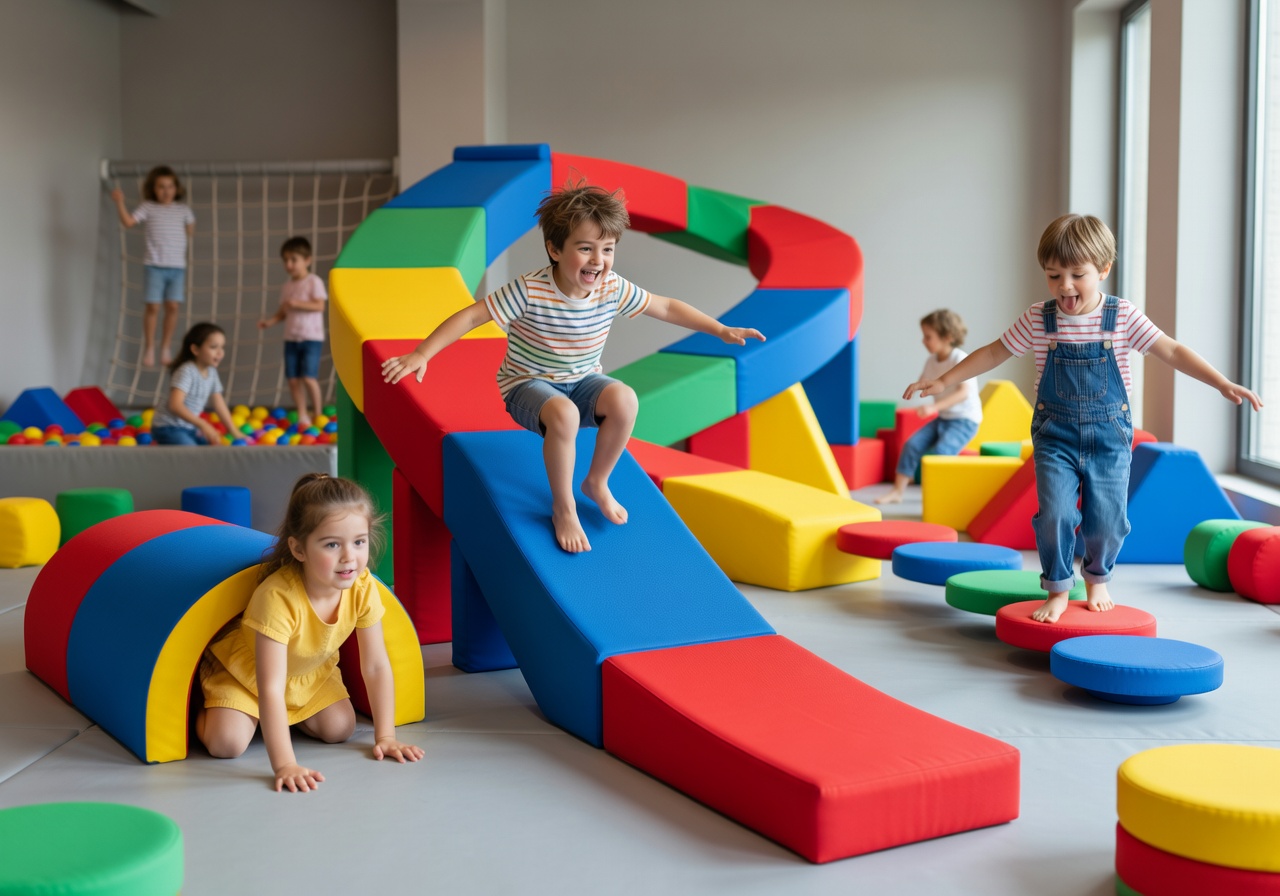 Joyful children playing with blocks at educational play center