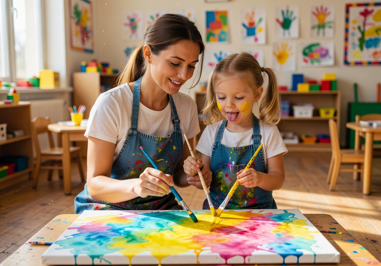 Mother reading a colorful educational fairy tale book to toddler daughter