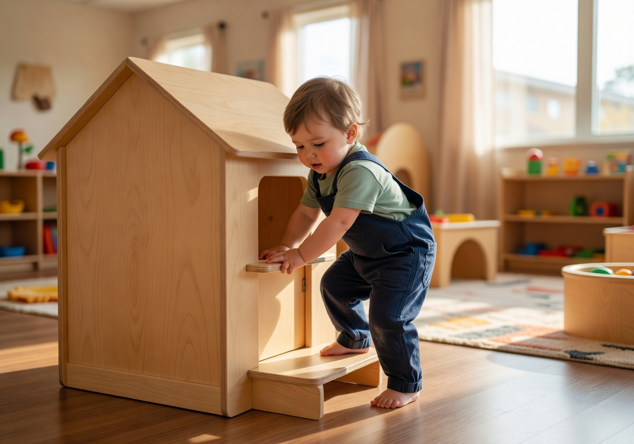 Toddler climbing mini wooden house at premium indoor preschool daycare